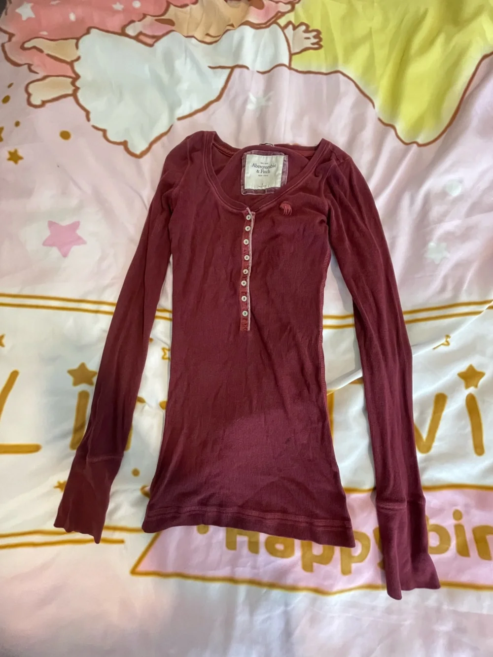 Abercrombie & Fitch Ribbed Henley Top - Wine - Picture 1 of 4